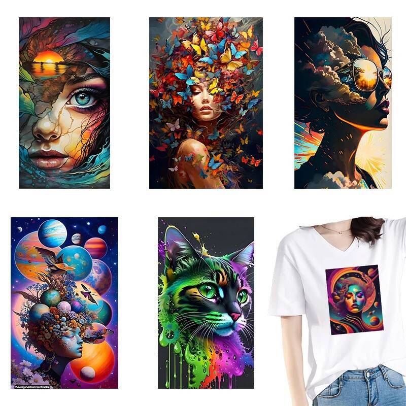 3D Printing Ai - 抽象的な絵画パターンの熱転写ステッカー,衣類の装飾,美しい女性と猫のホットスタンプ,アイロン